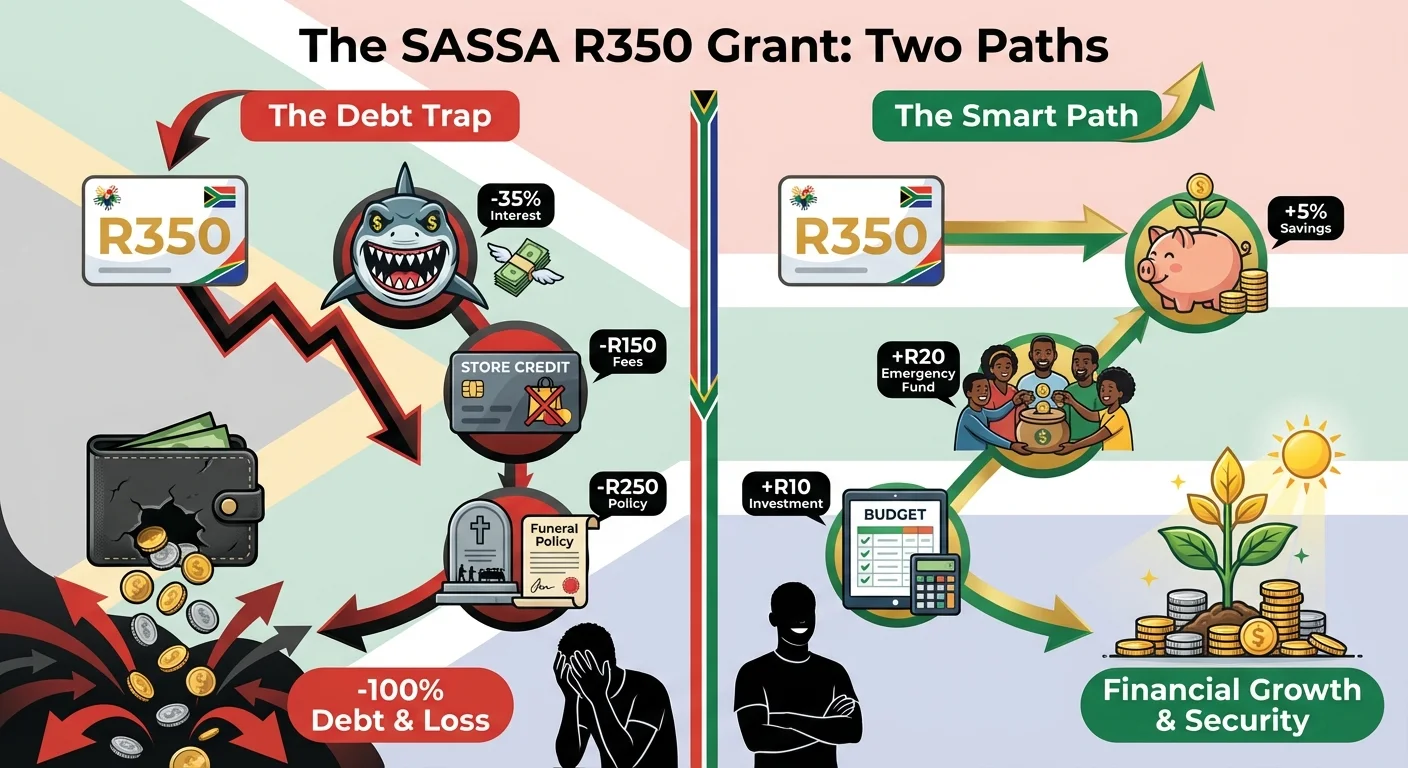 Infographic comparing two financial paths for a SASSA grant. The Debt Trap path shows loans leading to money loss, while The Smart Path shows saving and stokvels leading to financial growth.