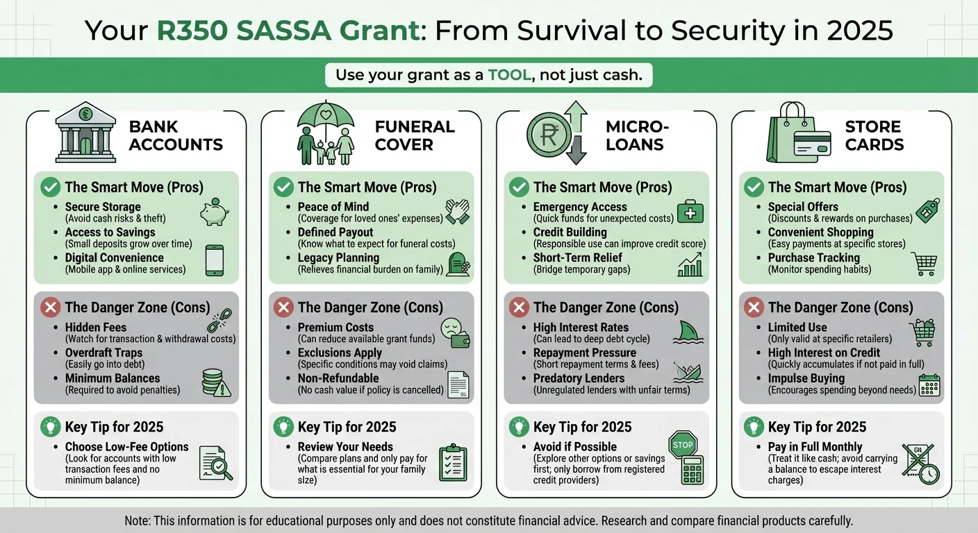 Infographic comparing financial products for SASSA beneficiaries in 2025, including bank accounts, funeral cover, loans, and store cards, with pros and cons for each.