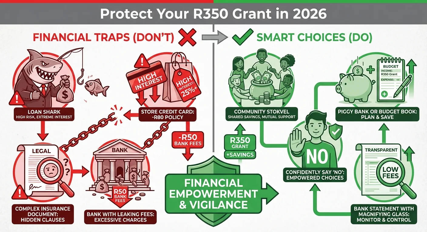 An infographic comparing financial traps for SASSA grants versus smart financial choices in 2026. The left side shows negative icons for loans and fees, while the right side shows positive icons for budgeting and saving.