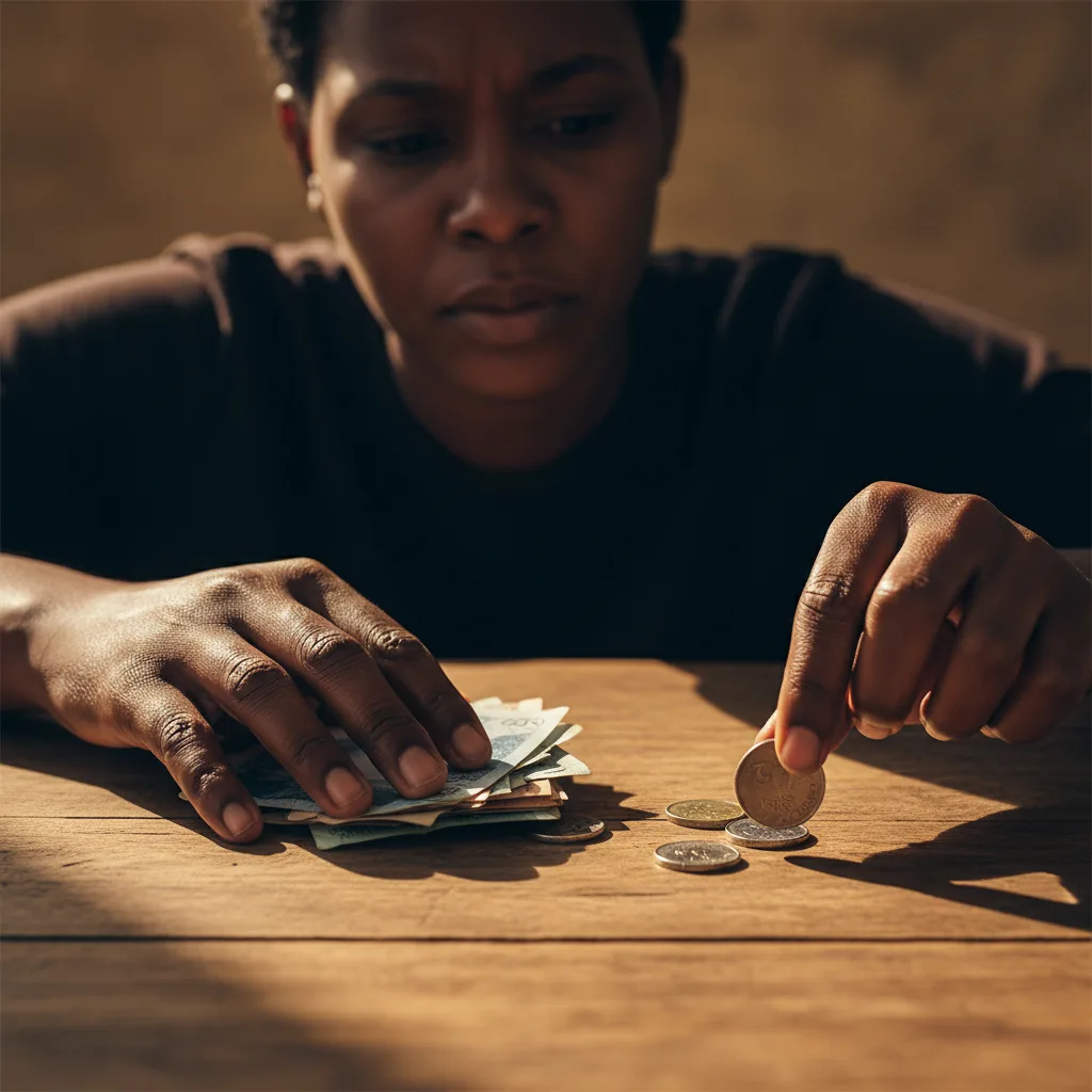 A pair of hands carefully counting a small amount of South African money on a table, representing the struggle to manage a SASSA grant and avoid financial leaks.