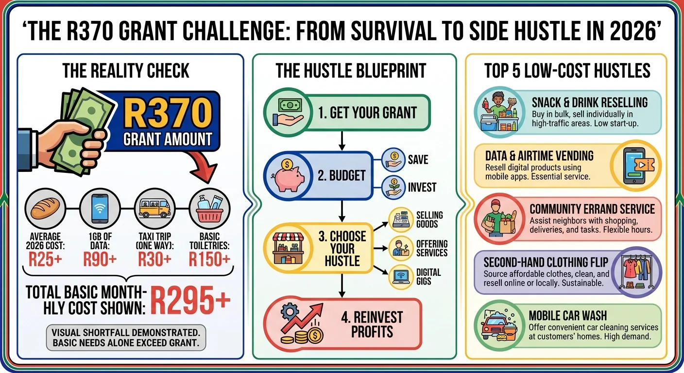 Infographic explaining how to turn the R370 SASSA grant into a side hustle in 2026, showing the cost of living vs the grant amount, and a 4-step blueprint for starting a small business.