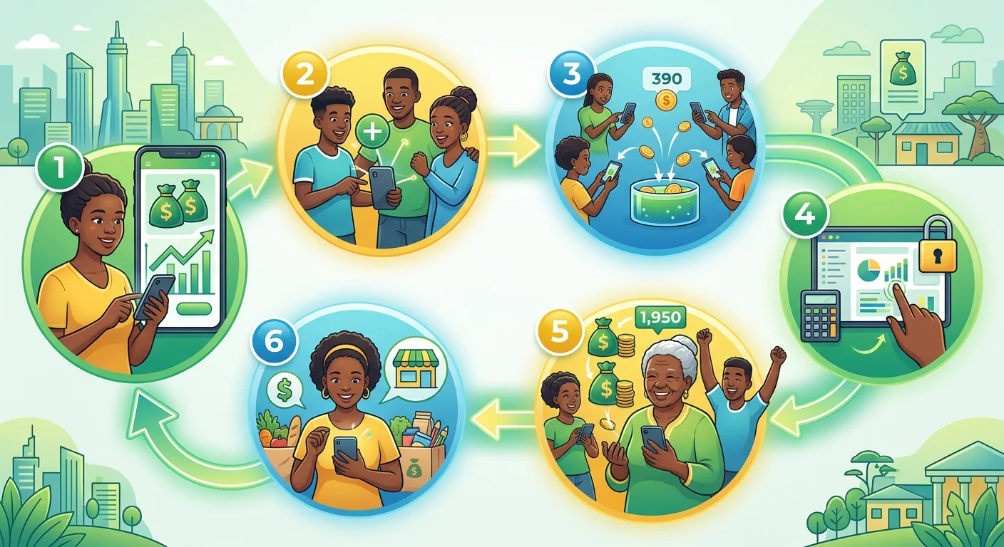 An infographic showing the 5-step process of a digital stokvel for SASSA beneficiaries in 2026, from receiving the R390…