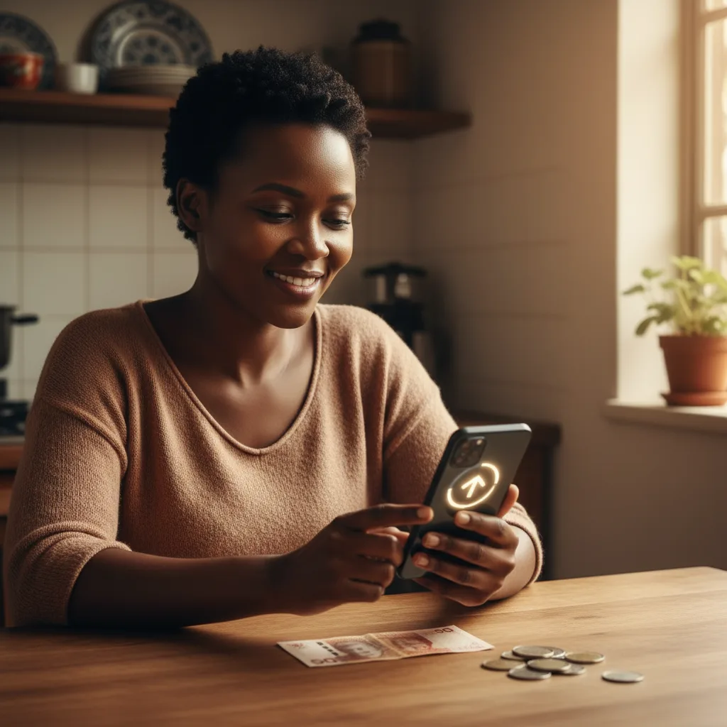 A hopeful South African woman views her smartphone at a kitchen table, symbolizing the shift from physical cash to digi…