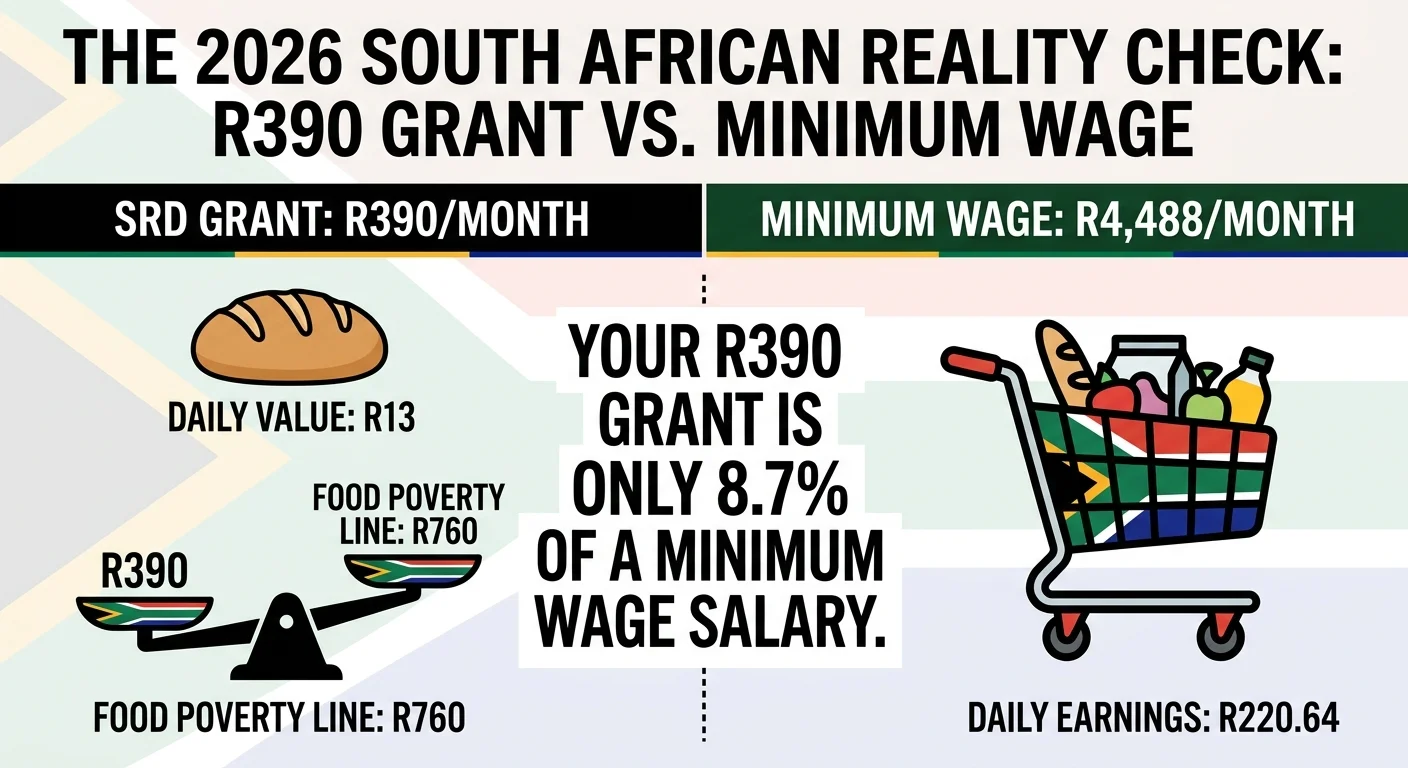 Infographic comparing the R390 SASSA grant to the R4,488 monthly minimum wage in South Africa for 2026, showing the gra…
