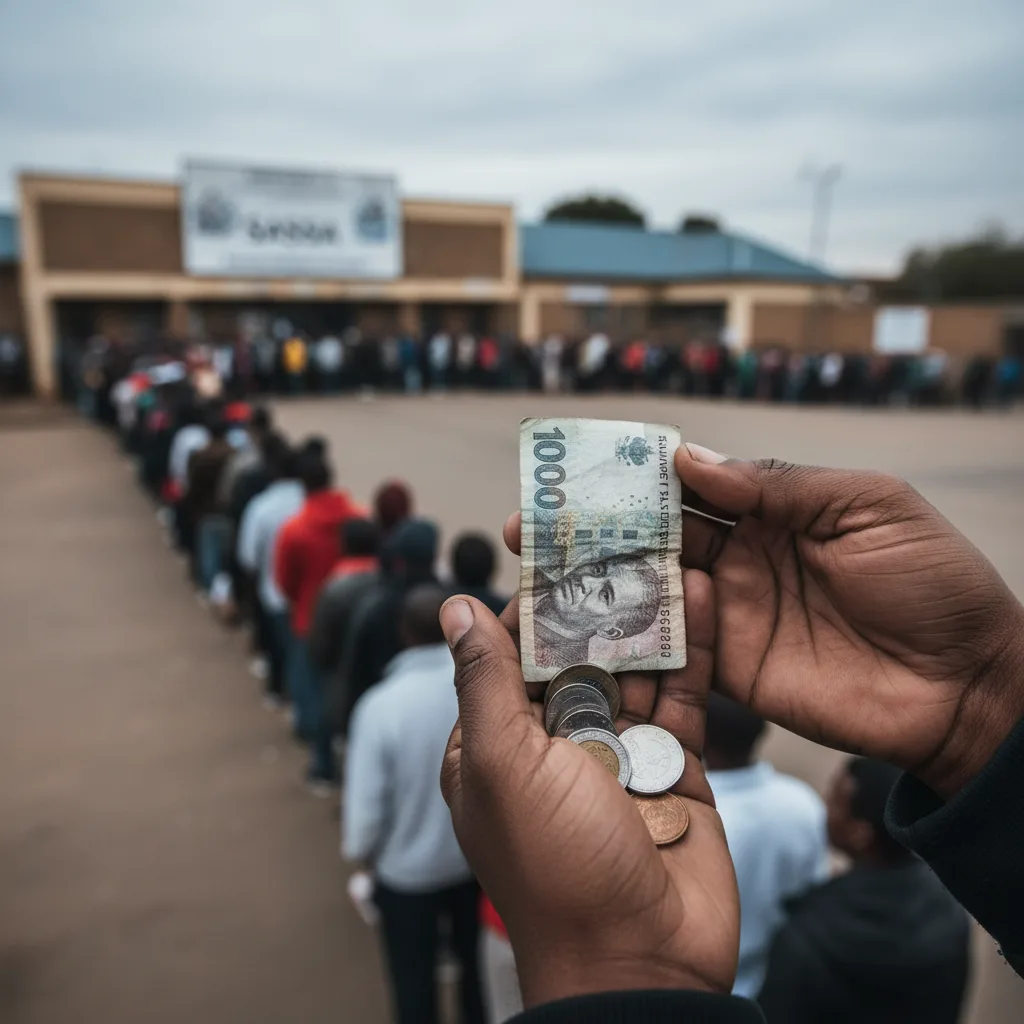 A close-up of hands holding a few South African Rand coins, symbolizing the small value of the SASSA grant, with a queu…