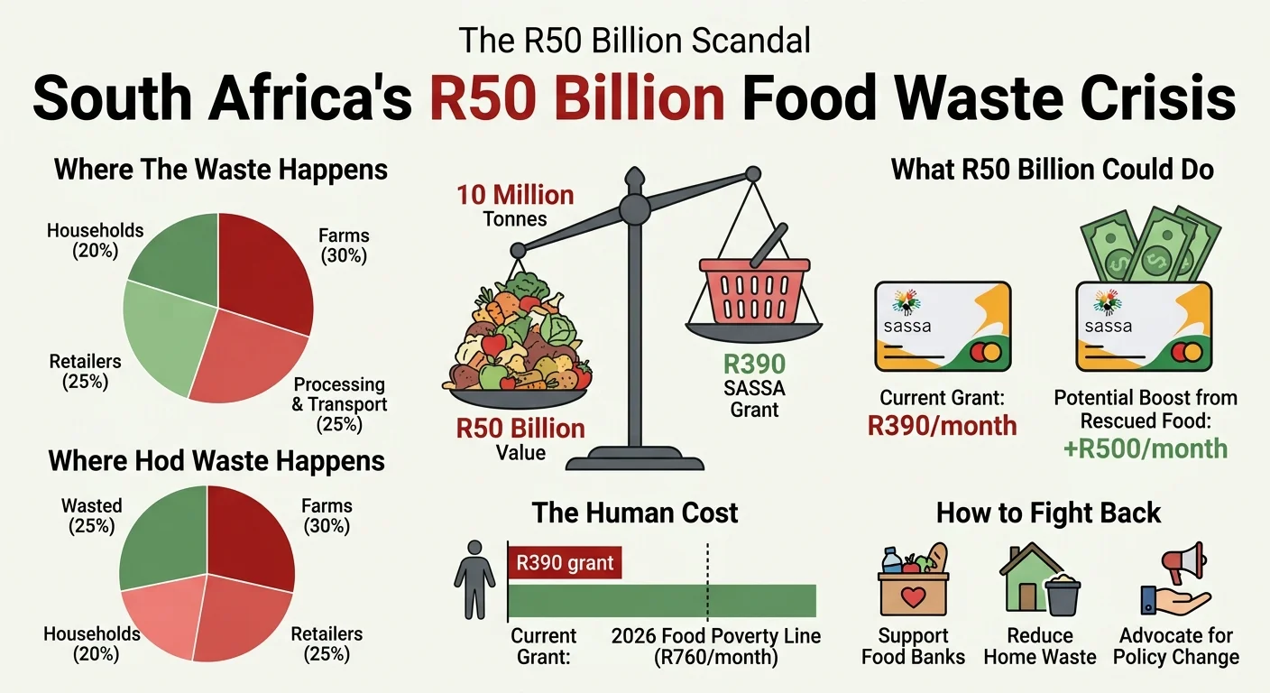 An infographic detailing South Africa's R50 billion food waste crisis, showing the sources of waste and comparing the v…