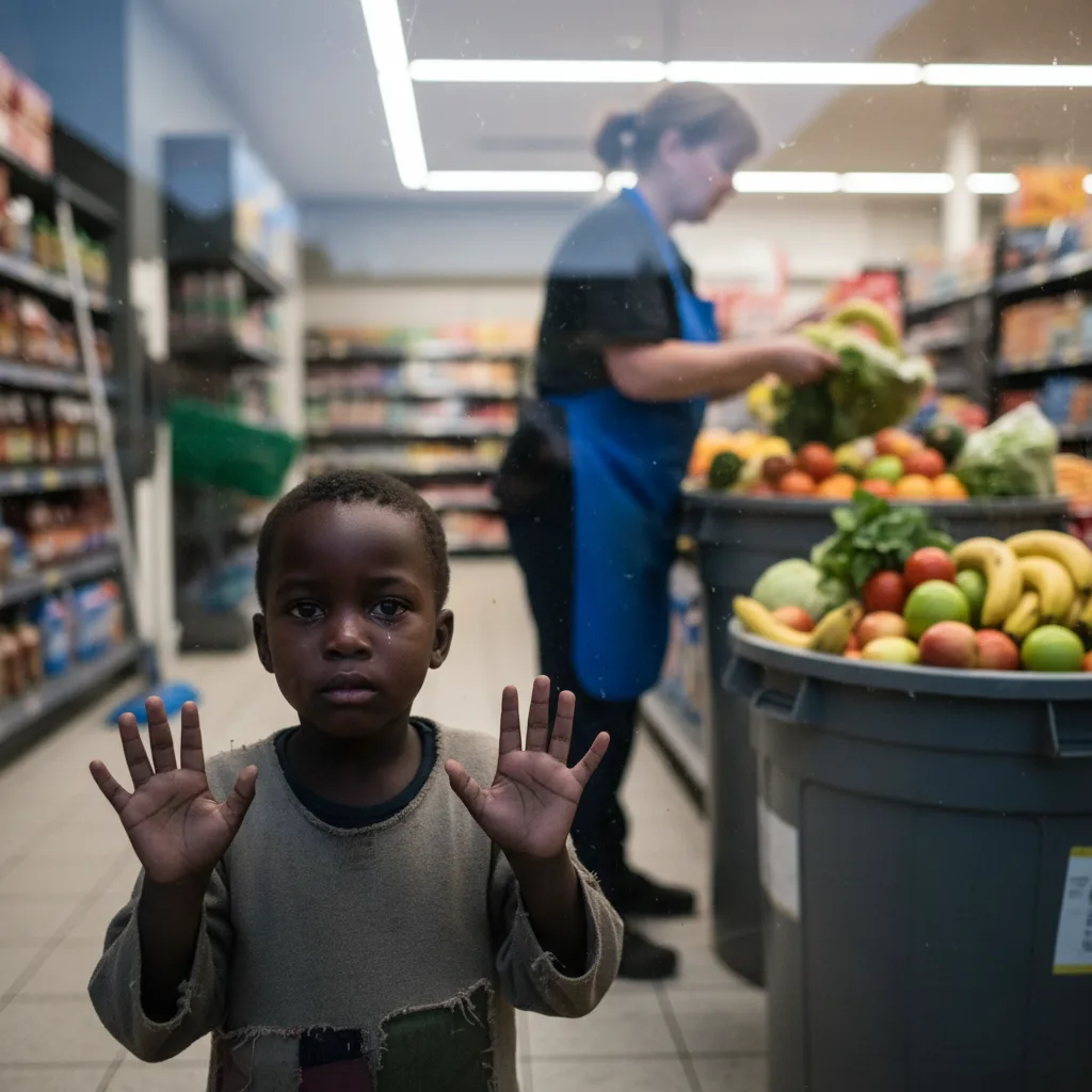 A heartbreaking scene in South Africa showing a child watching as a supermarket throws away food, illustrating the coun…