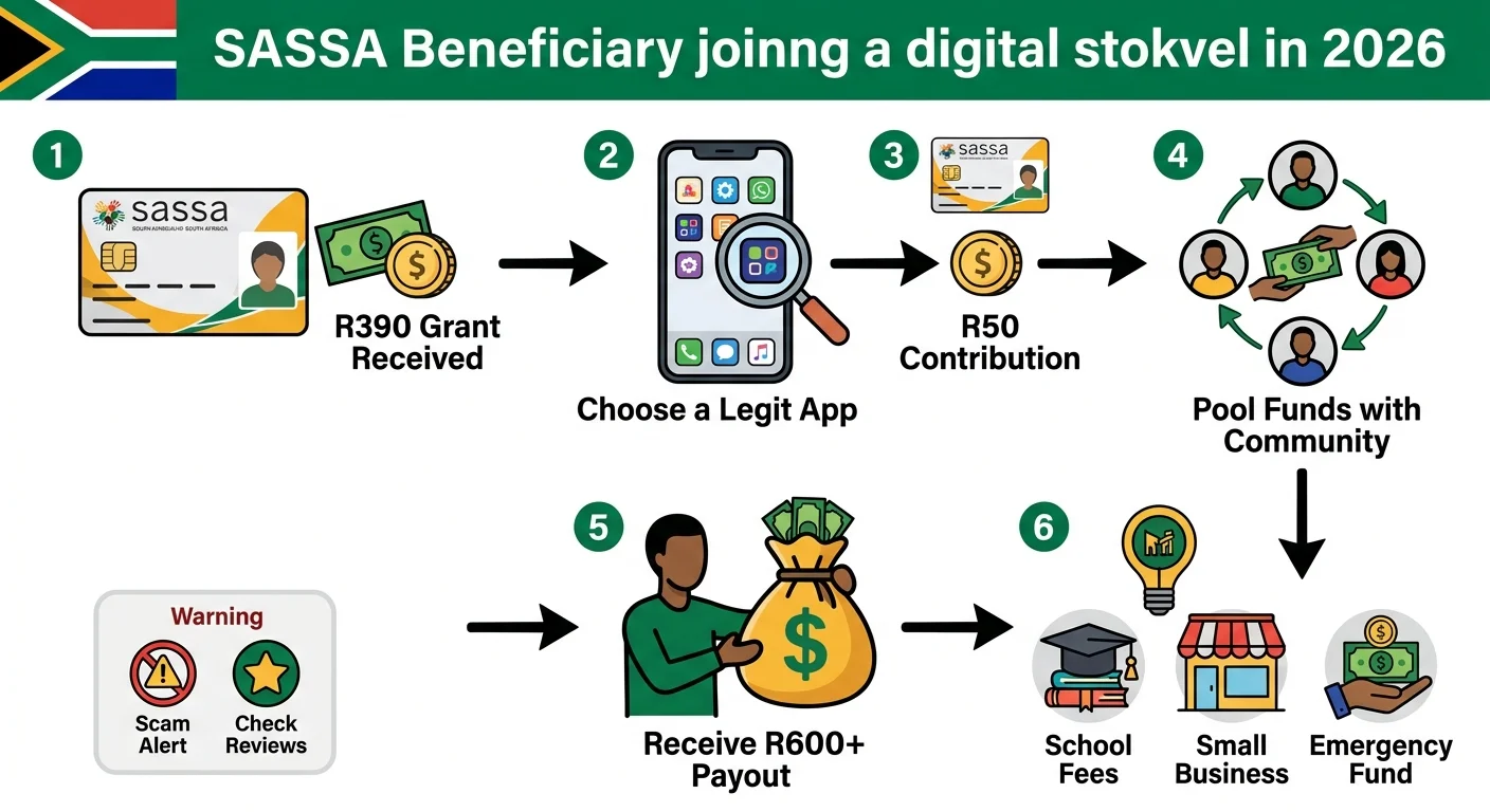 Infographic explaining how SASSA beneficiaries can use digital stokvels in 2026, showing the steps from contributing R5…