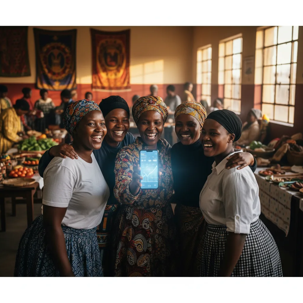 A group of South African women happily looking at a smartphone, symbolizing the success of their digital stokvel saving…