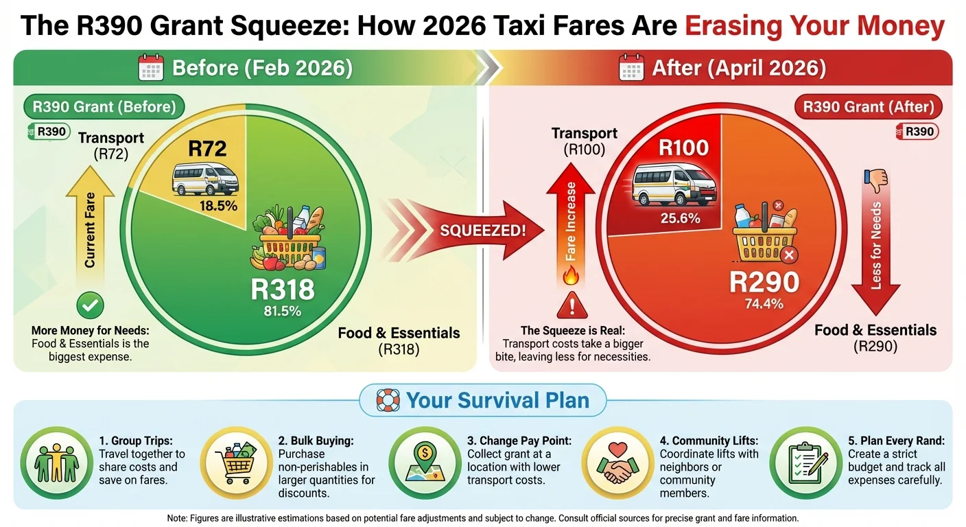 Infographic comparing the SASSA R390 grant budget before and after the 2026 taxi fare hikes. It shows the transport cos…