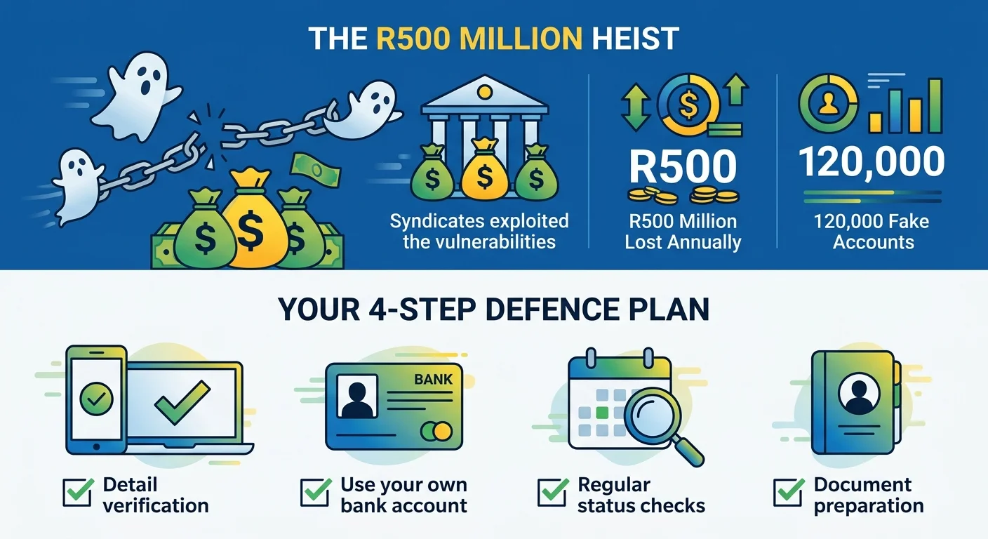 Infographic detailing the 2026 SASSA ghost beneficiary scandal. It shows how R500 million was lost and provides a 4-ste…