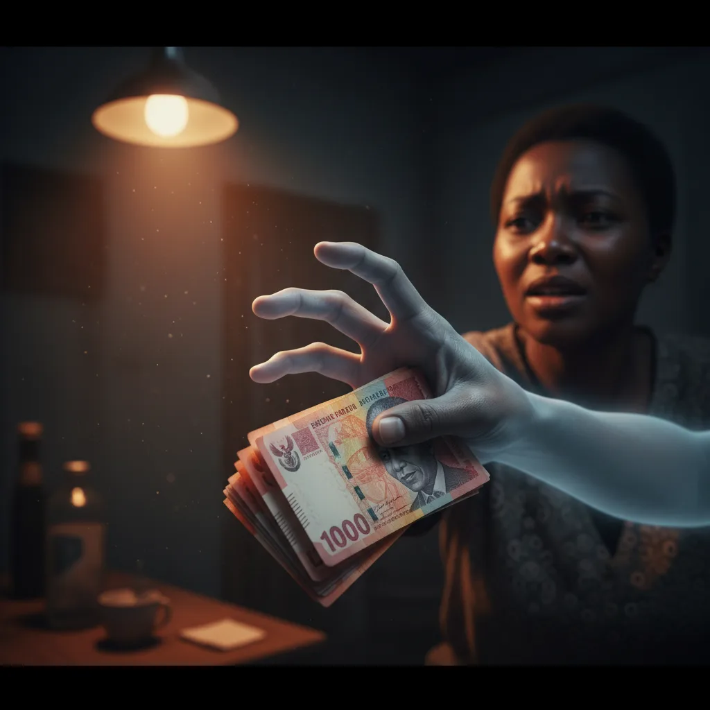 A conceptual image representing the SASSA 'ghost beneficiary' scandal, where a ghostly hand attempts to steal money fro…