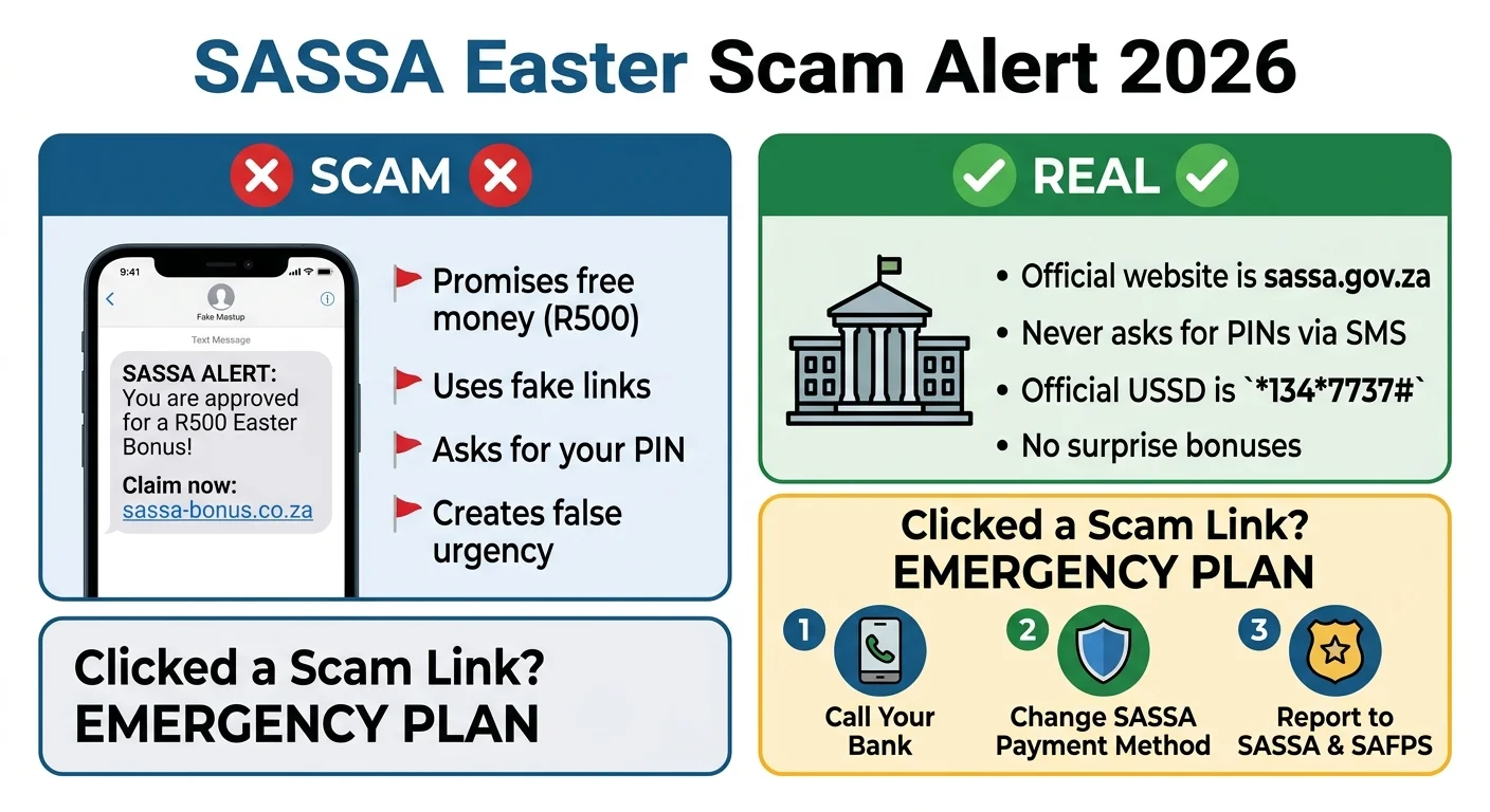 An infographic comparing a fake SASSA scam SMS with real SASSA communication methods, and providing a 3-step emergency…