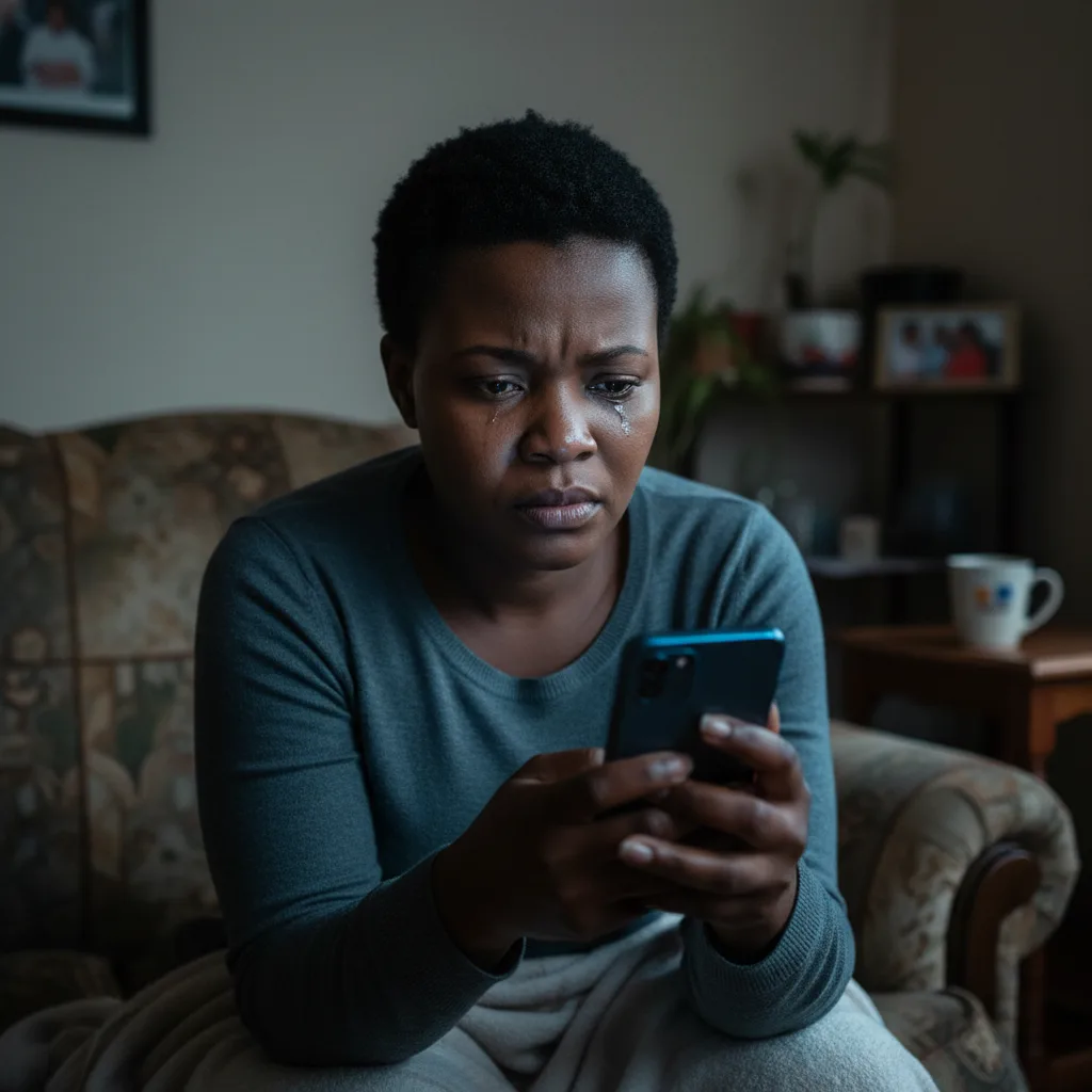 A concerned South African woman looks at a scam SMS on her phone, worried about the security of her SASSA grant ahead o…