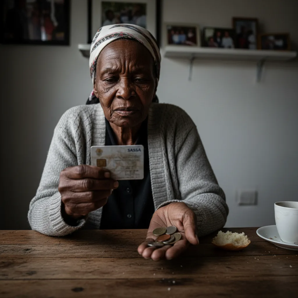 An elderly South African woman looks worried as she holds her SASSA card and a few coins, contemplating the financial challenges and risks of debt for grant recipients in 2025.