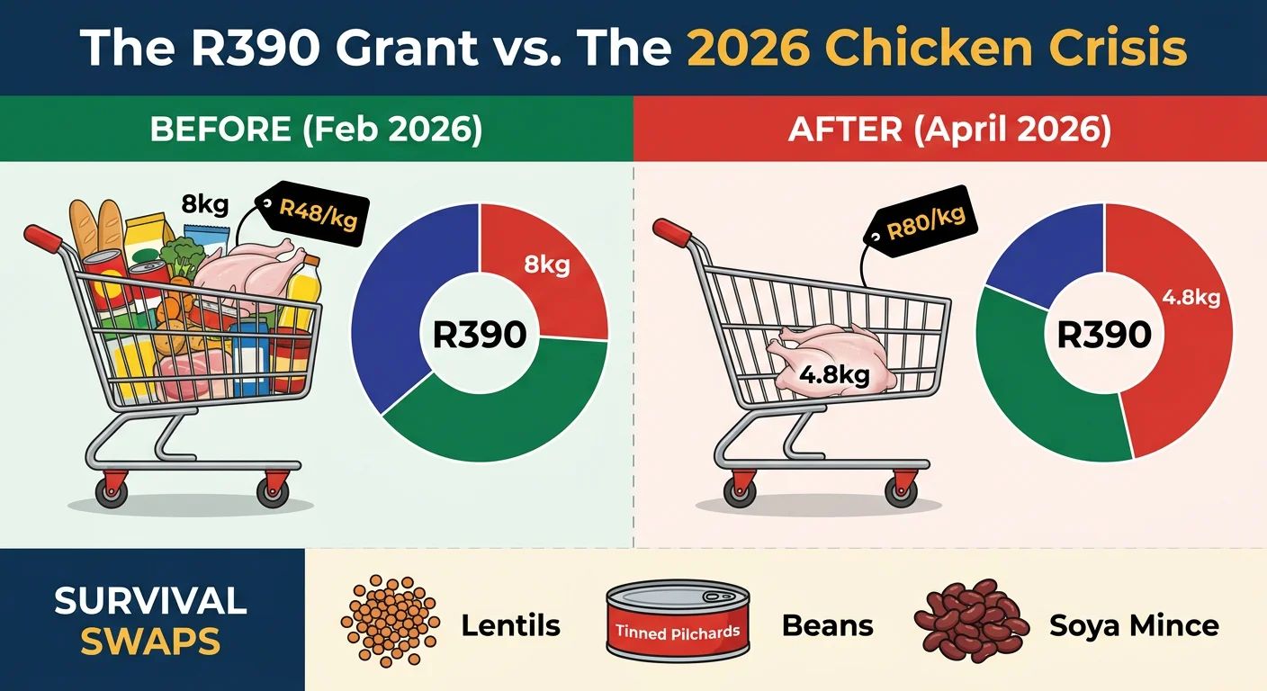 Infographic comparing the buying power of the R390 SASSA grant before and after the 2026 Avian Flu chicken price hikes,…