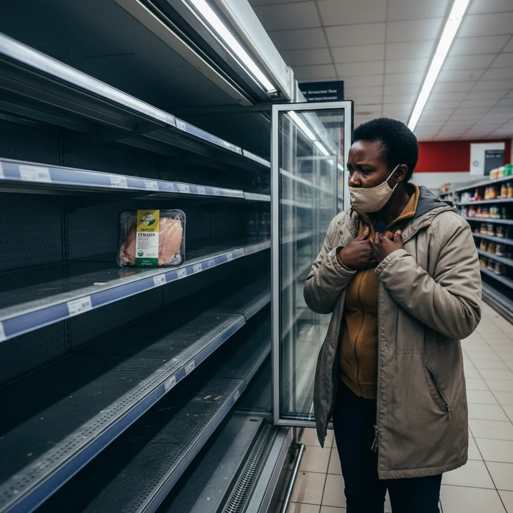 A worried woman looks at the nearly empty chicken shelf in a supermarket, highlighting the 2026 Avian Flu crisis and it…