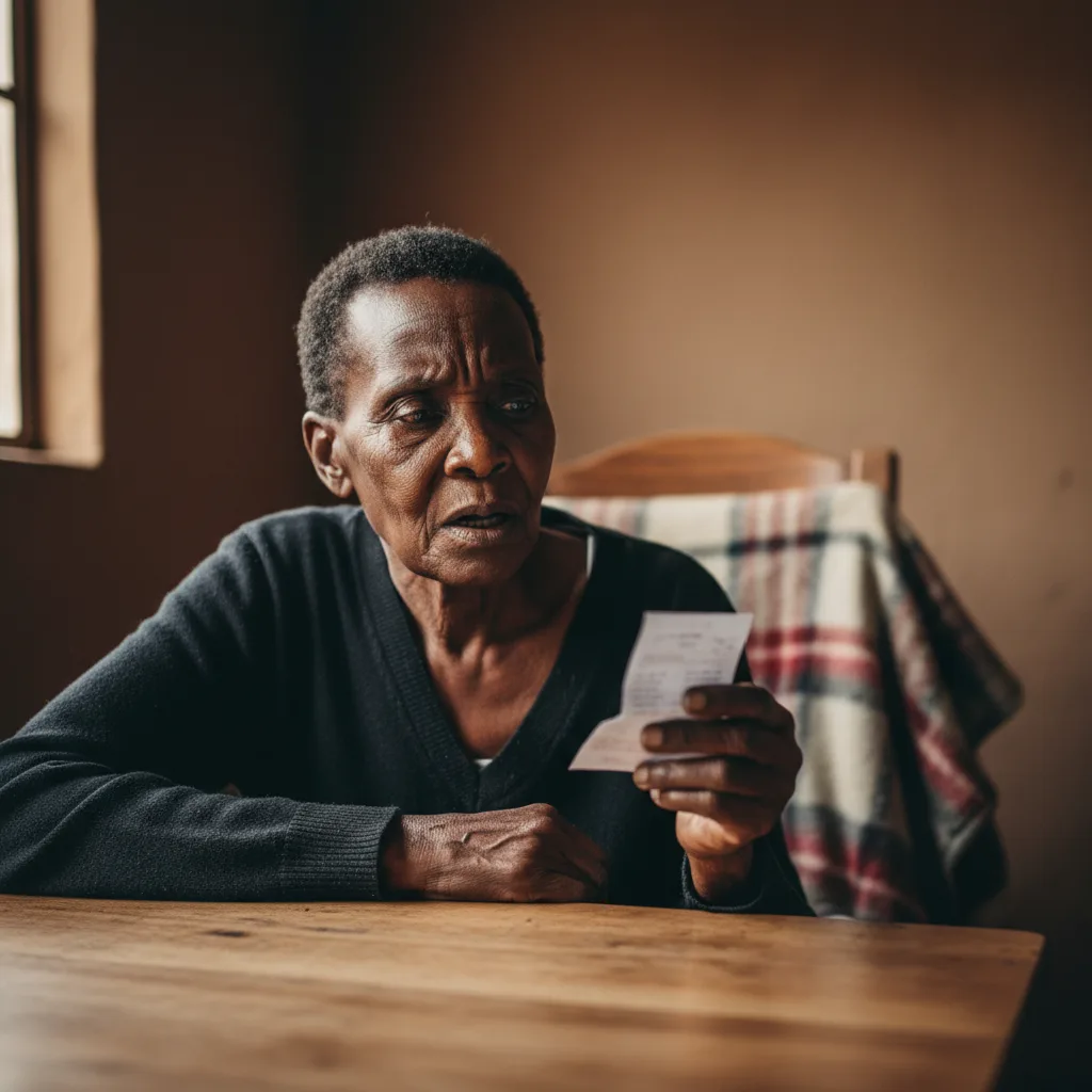 An elderly SASSA beneficiary in South Africa looks stressed as she reviews her bank statement, concerned about a suspic…