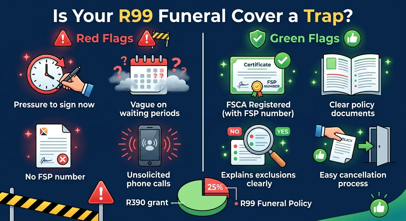 Infographic comparing red flags of predatory funeral policies (pressure selling, no FSP number) with green flags of saf…