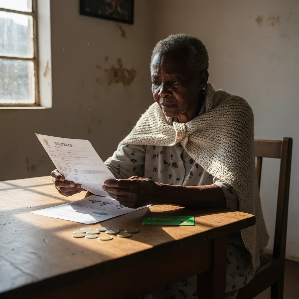 An elderly SASSA beneficiary looks worried as she reviews a confusing funeral policy document, with her SASSA card and…