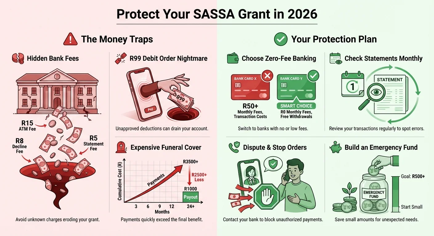 An infographic detailing how SASSA beneficiaries can protect their grants in 2026. It contrasts common financial traps like hidden fees and debit orders with protection strategies like choosing the right bank and disputing charges.