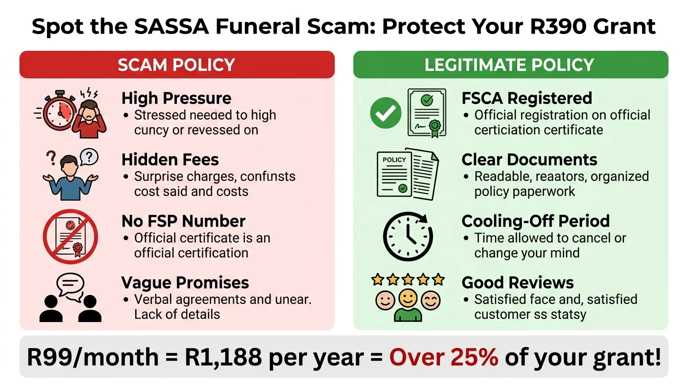 An infographic comparing the red flags of scam funeral policies versus the green flags of legitimate policies for SASSA…