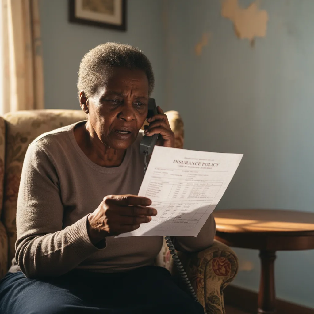An elderly South African woman looks worried as she reviews a confusing funeral policy document, highlighting the finan…
