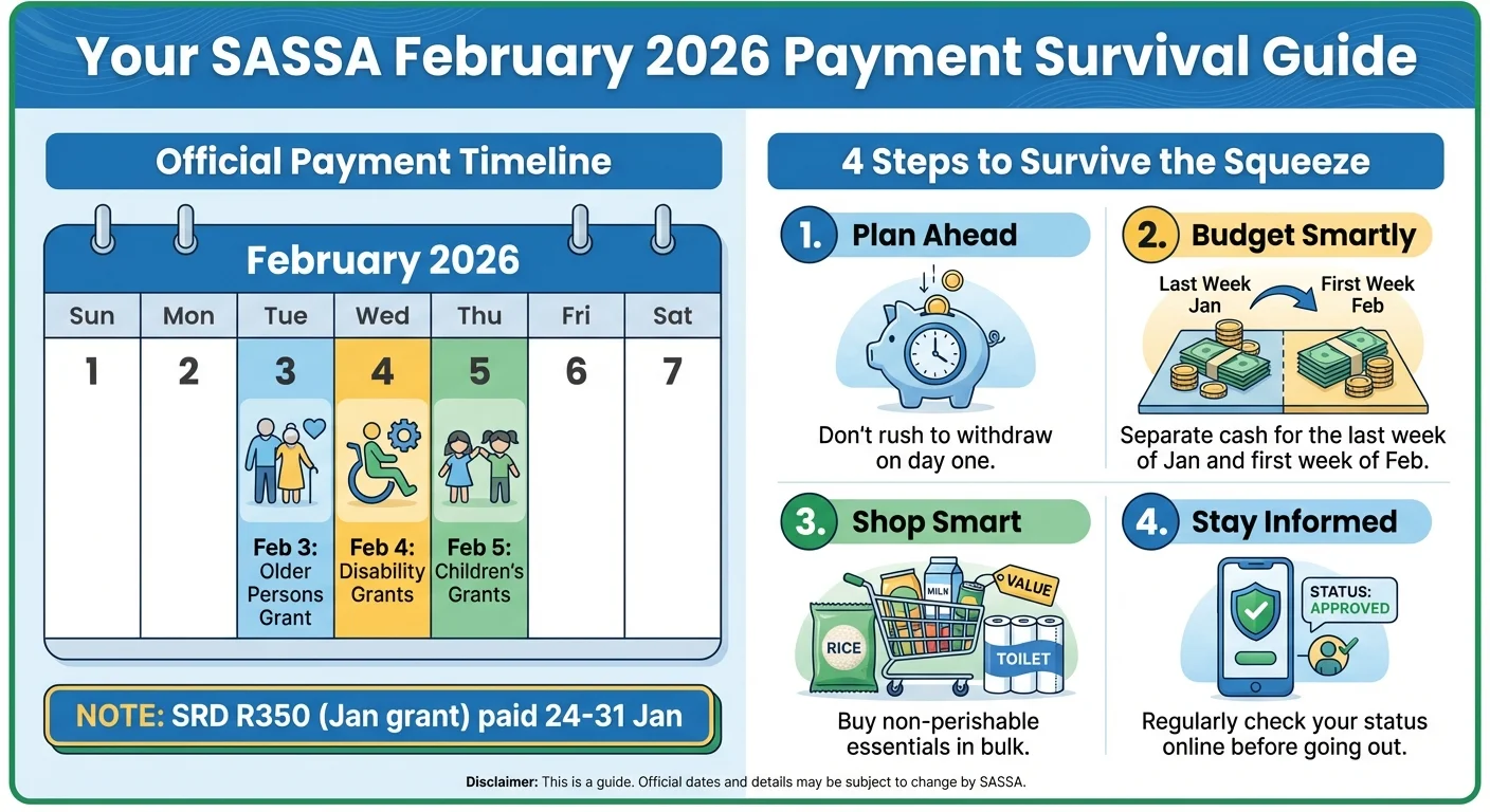 Infographic showing the SASSA payment dates for February 2026 for Older Persons, Disability, and Child grants, and a 4-step survival guide for managing grant money effectively.