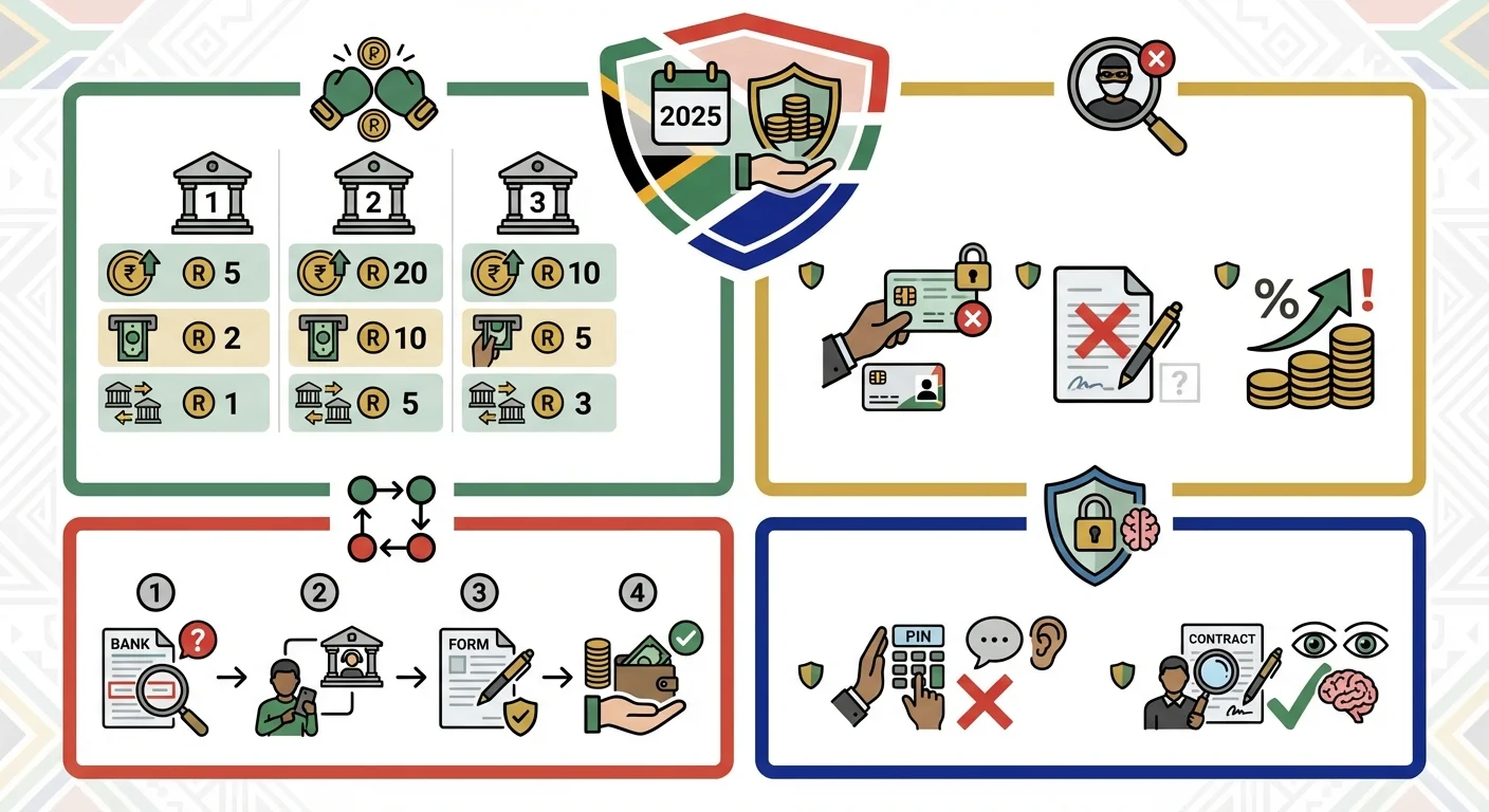 An infographic explaining how SASSA beneficiaries can protect their grant money in 2025, comparing bank fees, identifying scams, and stopping illegal debit orders.