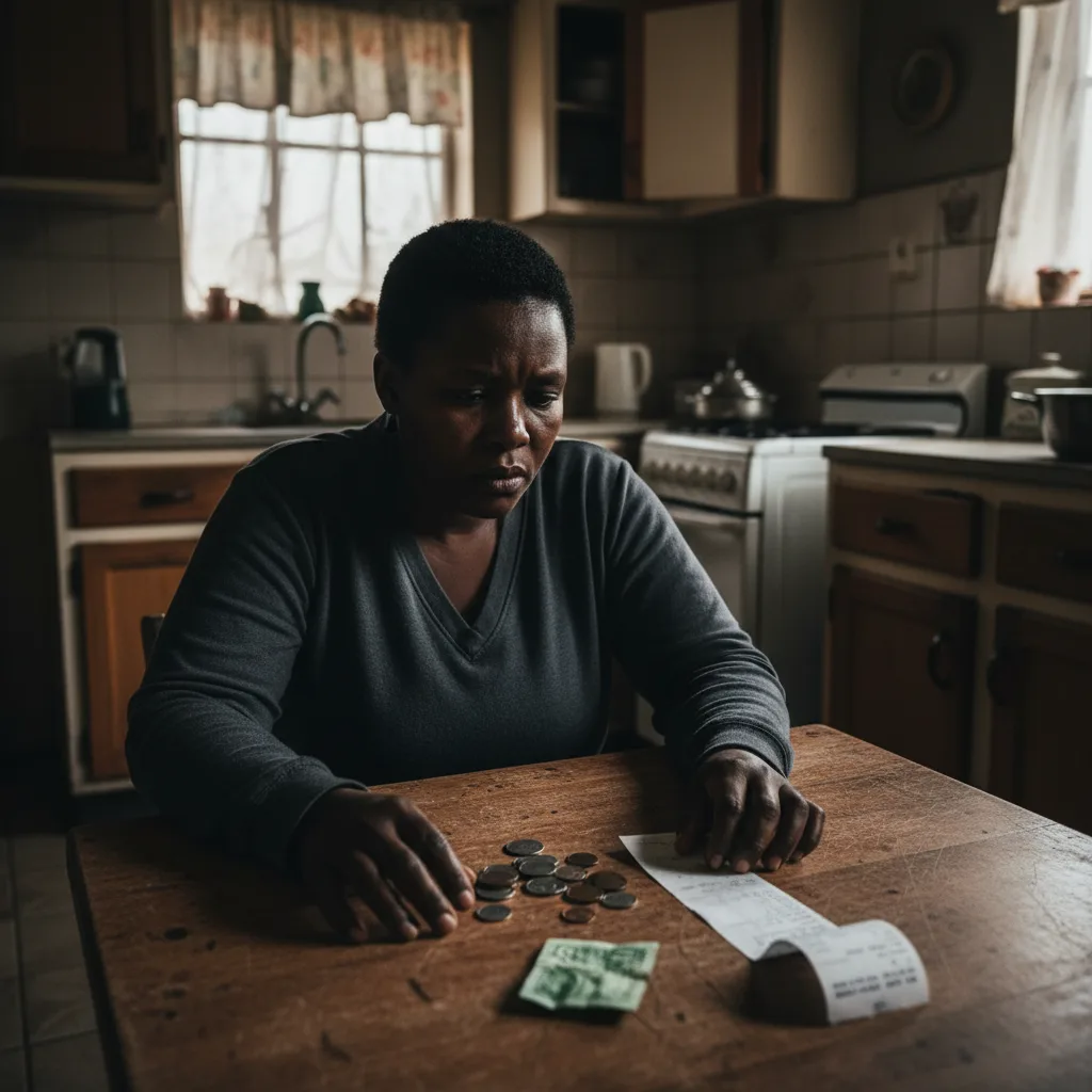 A worried South African woman contemplating the small R20 increase to her SASSA grant in January 2026, highlighting the inadequacy against the cost of living.