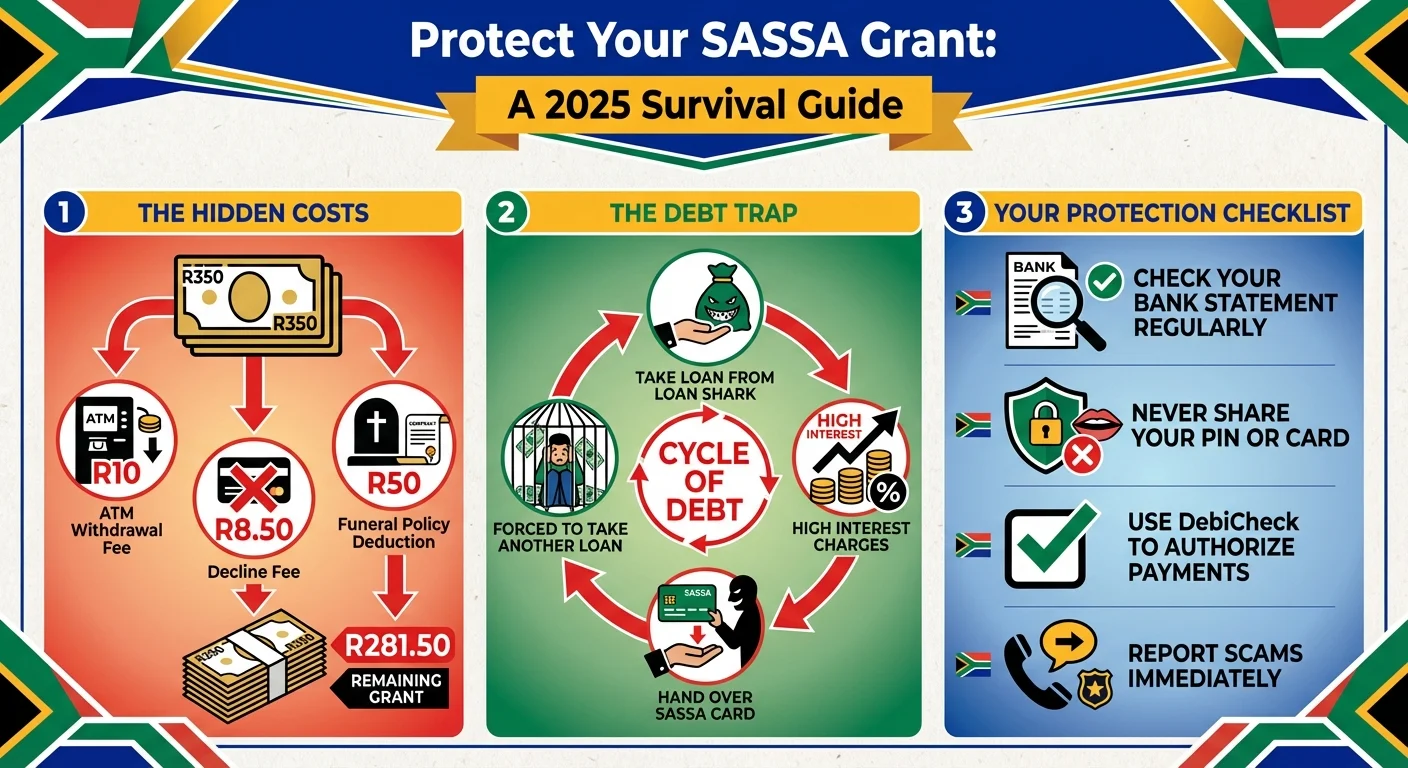 An infographic explaining how to protect your SASSA grant in 2025, showing hidden bank fees, the dangers of loan sharks, and a checklist for financial safety.