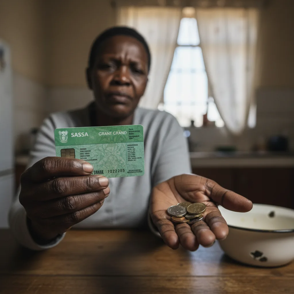 A worried South African woman holding her SASSA card and a few coins, contemplating her financial situation in a dimly lit kitchen.