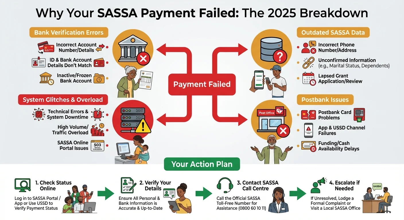 An infographic explaining the common reasons for SASSA payment failures in 2025, including bank verification errors, outdated data, and system glitches, along with a step-by-step action plan for beneficiaries.