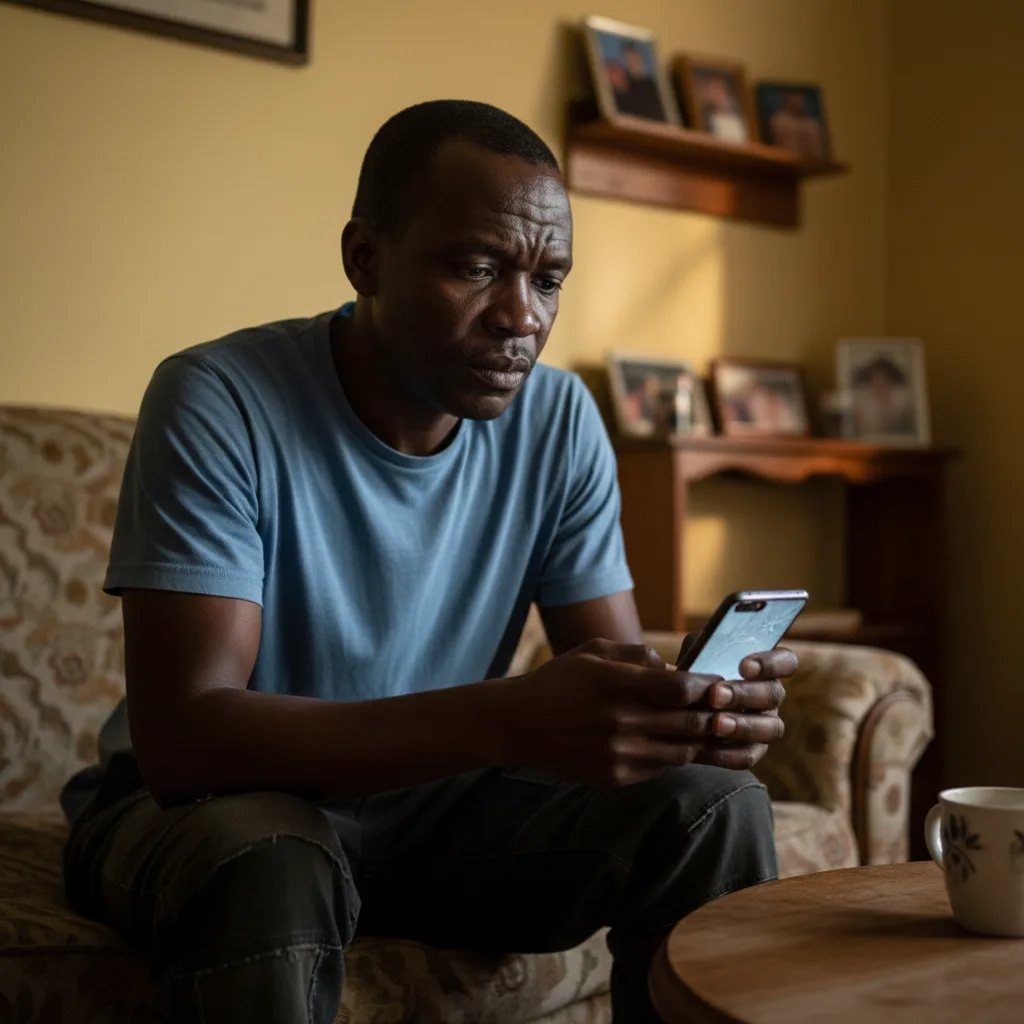 A worried South African man checks his phone for a SASSA payment notification in December 2025, his face illuminated by the screen, depicting the anxiety of a failed grant payment.