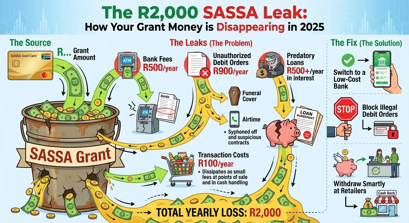 An infographic explaining how SASSA grant money is lost. It shows a leaking bucket representing the grant, with holes for bank fees (R500), debit orders (R900), loans (R500+), and transaction costs (R100), totaling over R2,000 in annual losses. The solution section shows switching banks, blocking debit orders, and smart withdrawals.