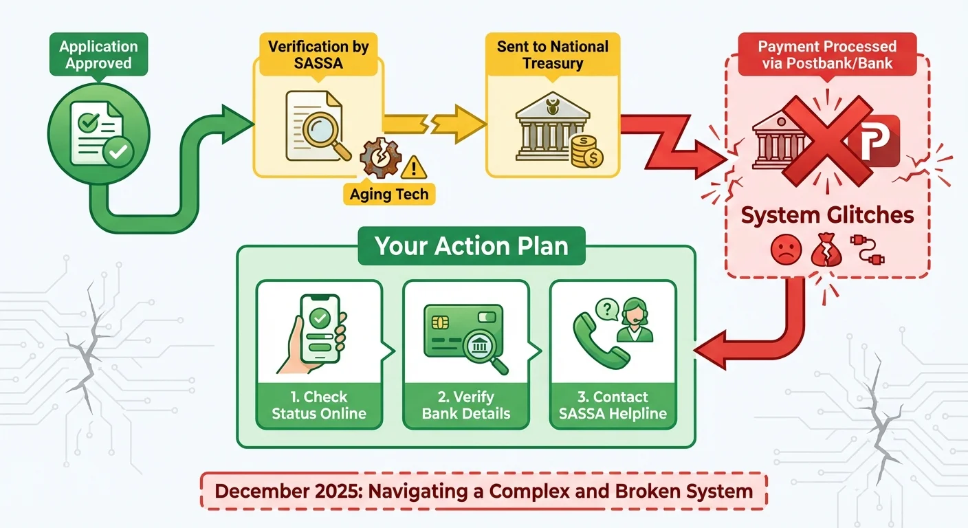 Infographic flowchart illustrating the SASSA payment process, highlighting common points of failure like technology issues and data mismatches, and providing a 3-step action plan for beneficiaries.