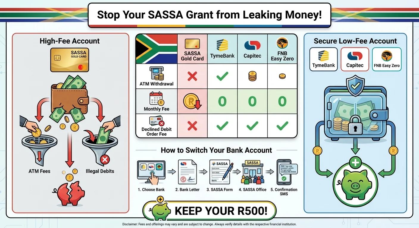 An infographic explaining how SASSA beneficiaries can save money by switching from high-fee bank accounts to low-cost alternatives like TymeBank or Capitec, and a step-by-step guide on how to change their SASSA banking details.
