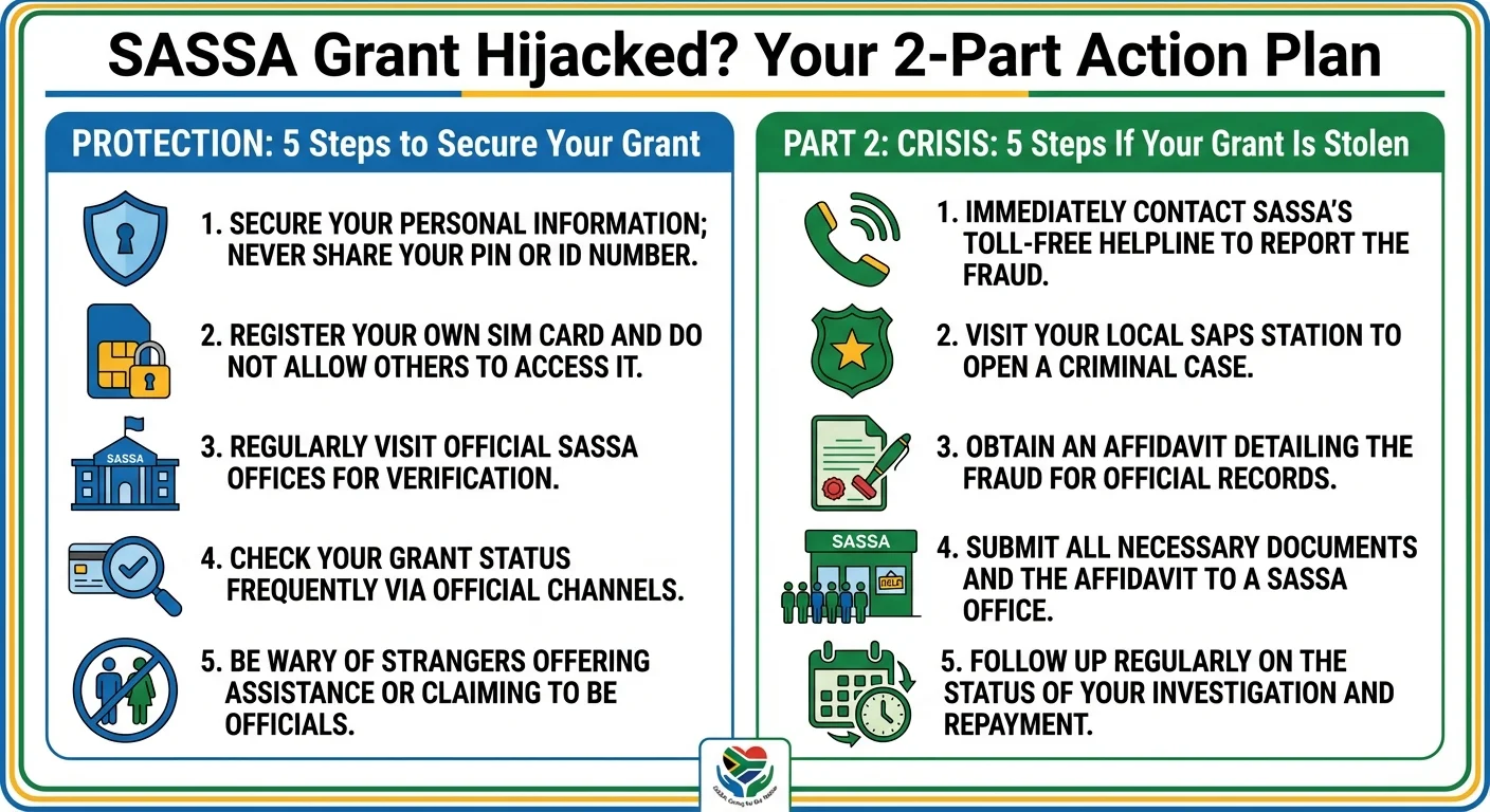 Infographic showing a two-part action plan for SASSA grant identity theft. Part 1 lists 5 steps to protect your grant. Part 2 lists 5 steps to take if your grant is stolen.