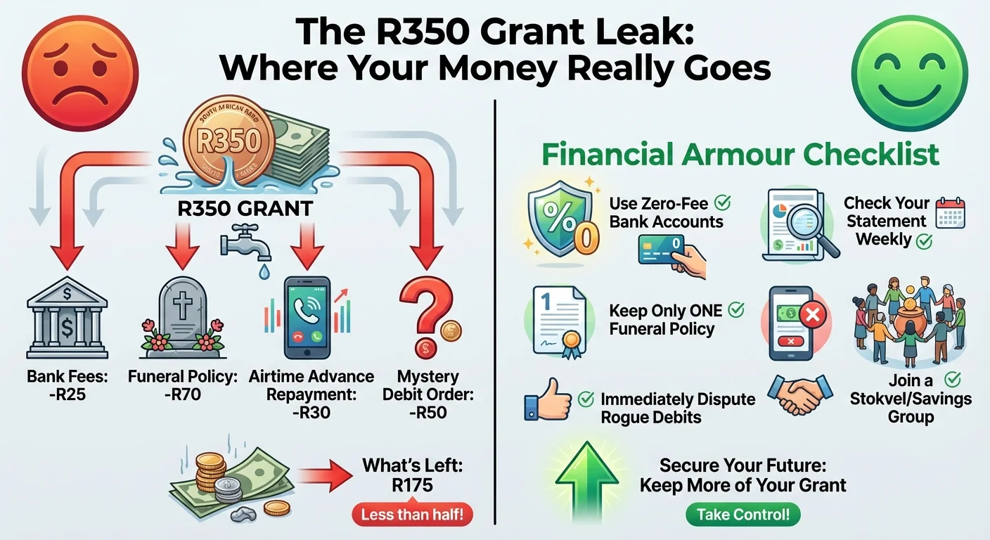 Infographic showing how the R350 SASSA grant is reduced by bank fees and debit orders, and a checklist on the other side showing how to protect your money.
