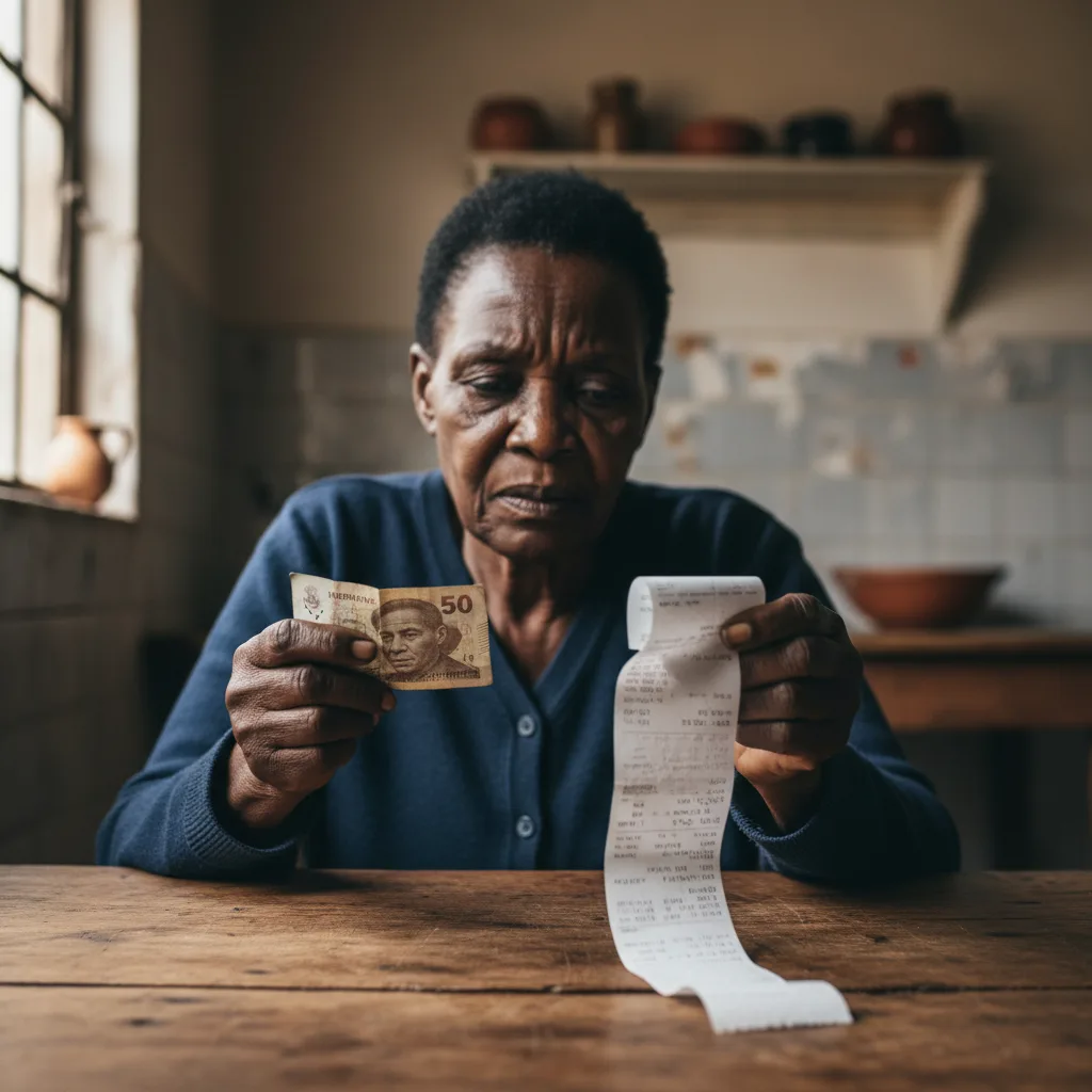 An elderly South African woman looks worried as she reviews her expenses, holding a small amount of cash from her SASSA grant.