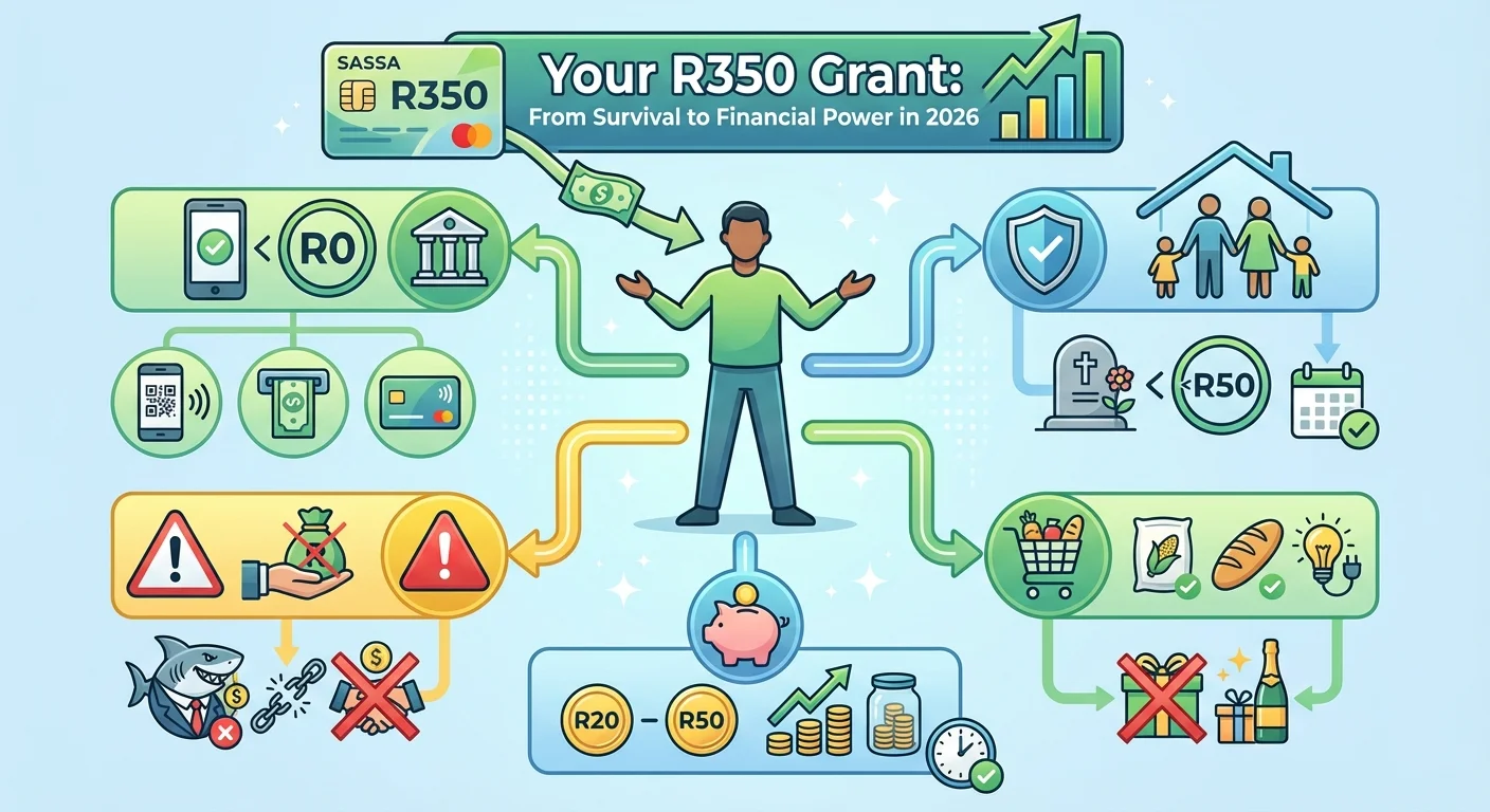 Infographic showing how to manage the R350 SASSA grant in 2026, with steps for smart banking, affordable funeral cover, avoiding debt, wise spending, and saving.