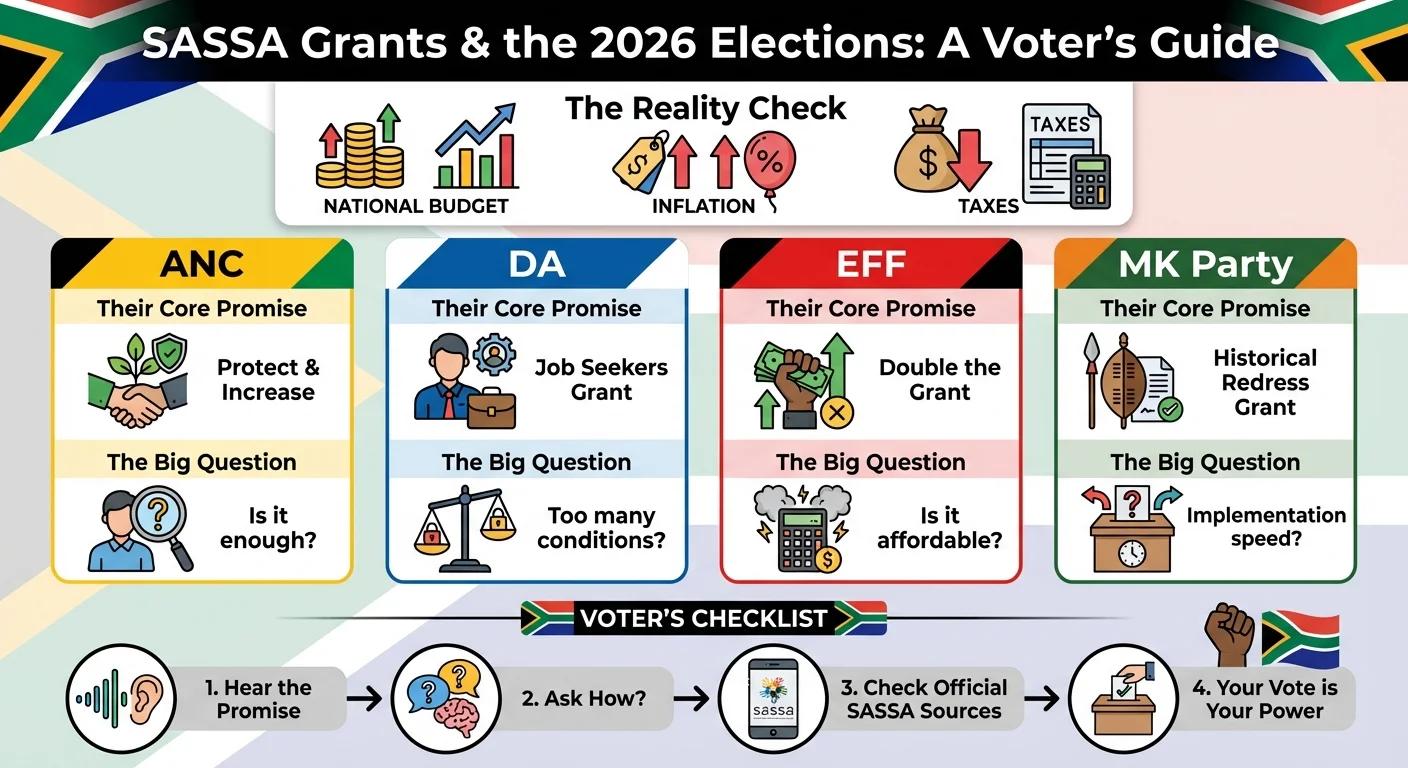 An infographic comparing the SASSA grant promises of major South African political parties for the 2026 elections and advising voters on how to analyze these claims.