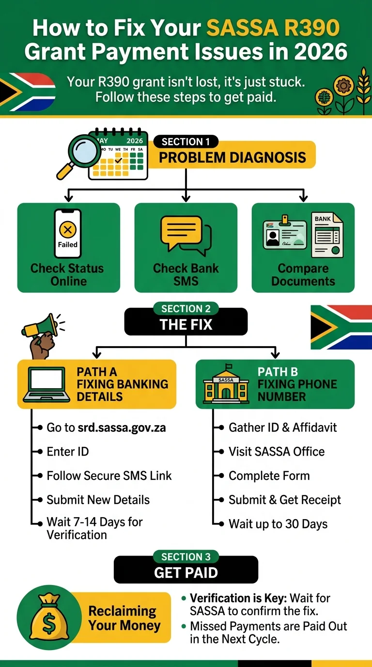 A step-by-step infographic guide on how to fix incorrect SASSA banking and phone number details for the R390 grant in 2…