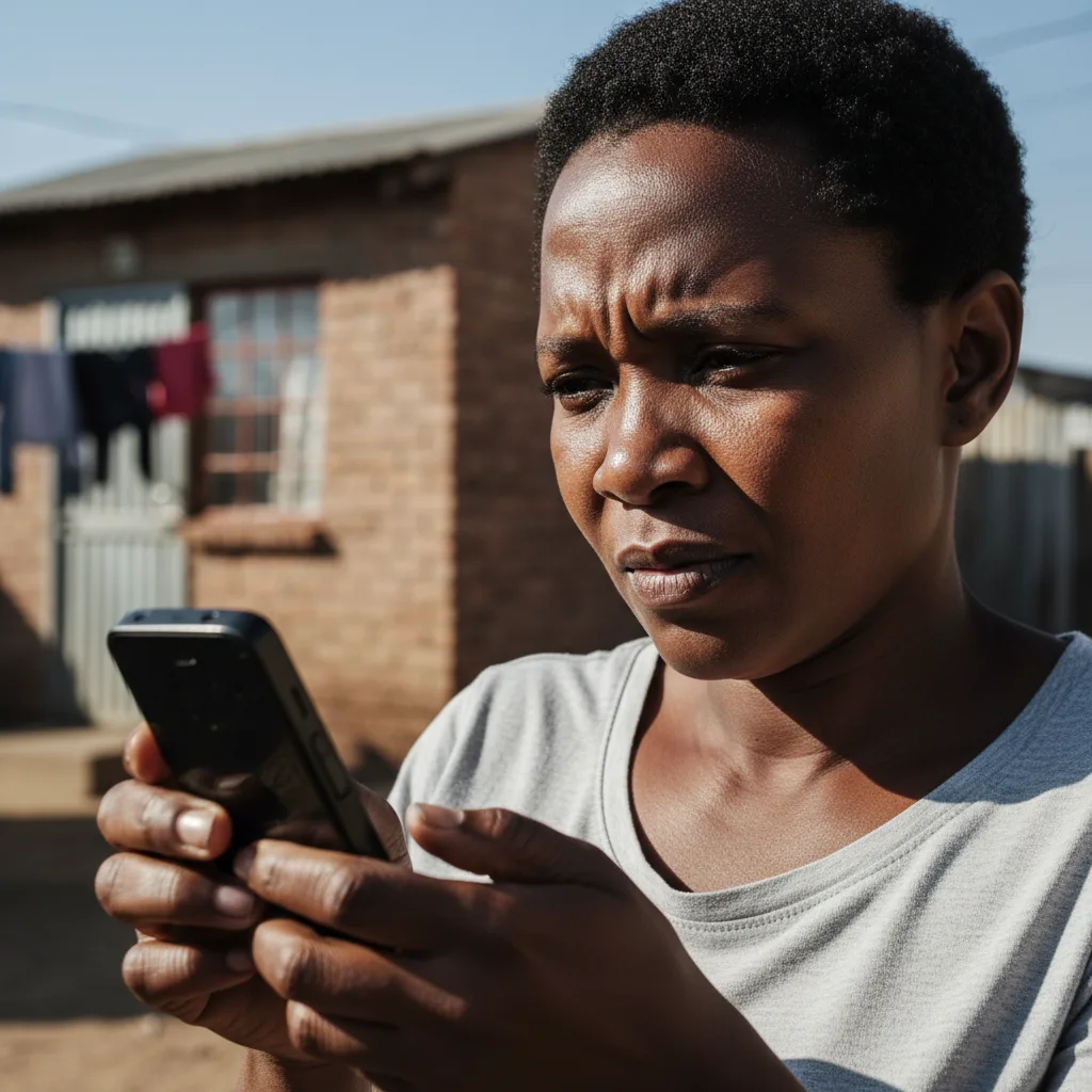 A concerned South African woman looking at her phone, worried about her failed SASSA R390 grant payment in 2026.