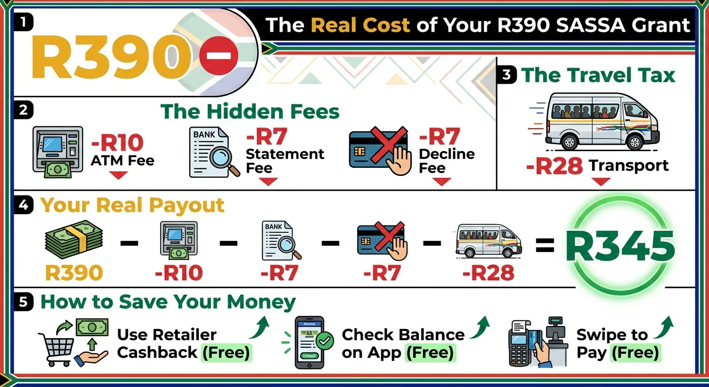 Infographic explaining the hidden costs of collecting the R390 SASSA grant in 2026, showing how bank fees and transport…