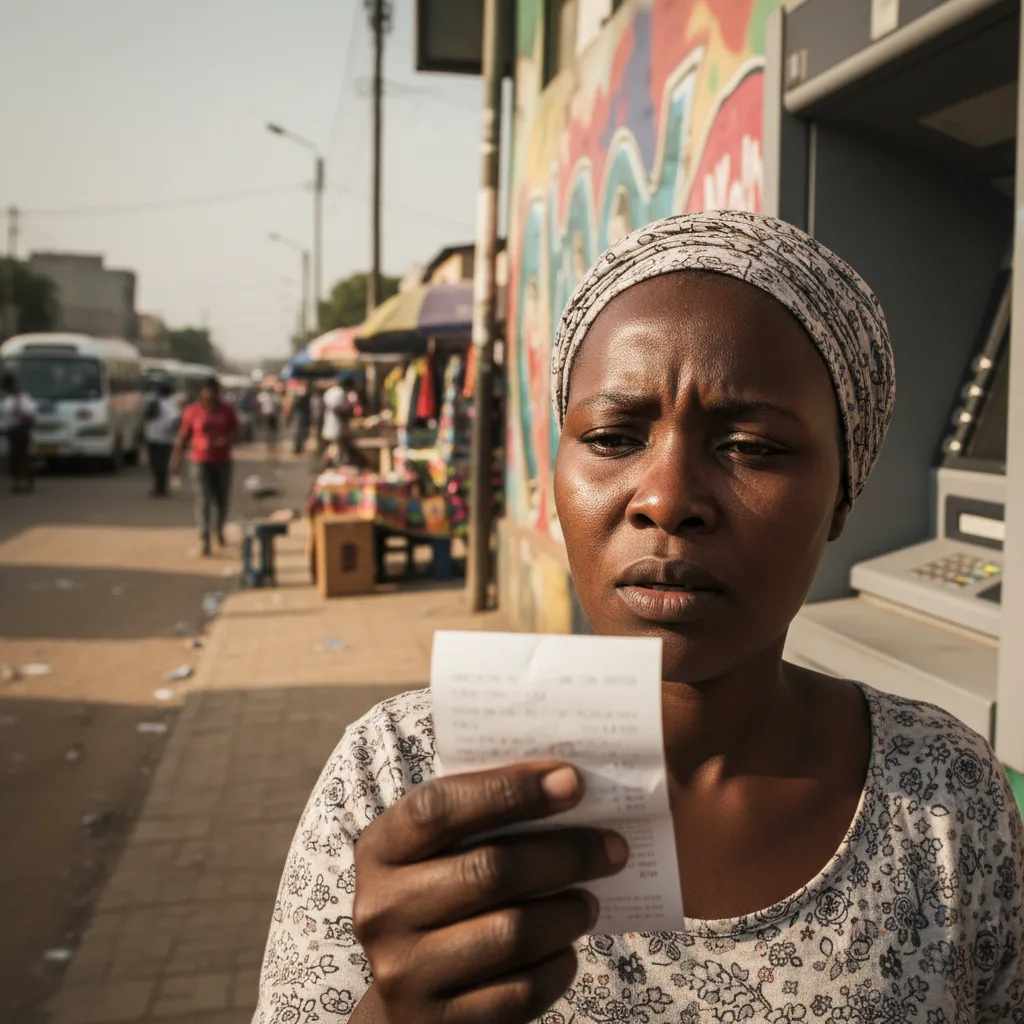 A distressed South African woman checks her ATM slip after withdrawing her SASSA grant, concerned about the high bank f…