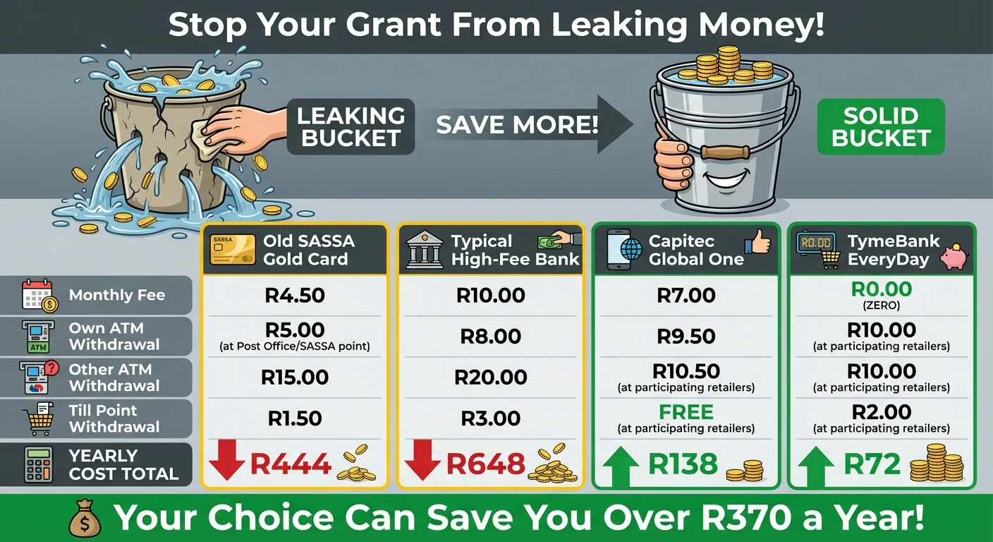 Infographic comparing bank account fees for SASSA grants in 2025. It shows that low-fee accounts like Capitec and TymeBank can save a beneficiary over R370 per year compared to high-fee bank accounts or the old SASSA Gold Card by avoiding high withdrawal and monthly fees.